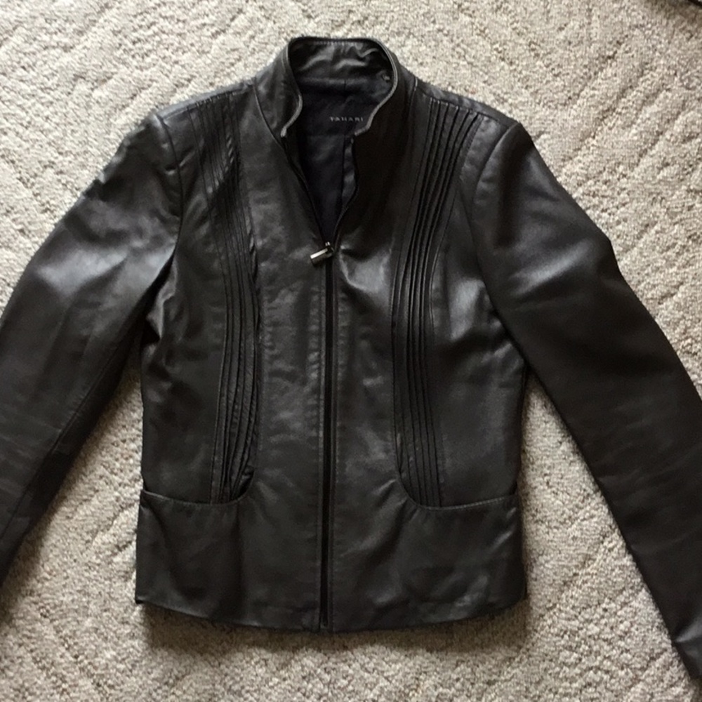 Tahari grey leather jacket